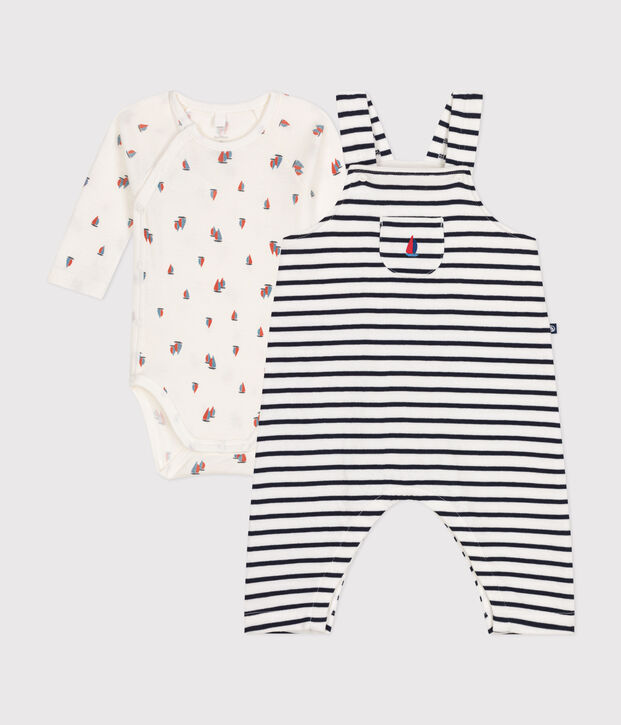 Babies' cotton dungarees and bodysuit set white/blue