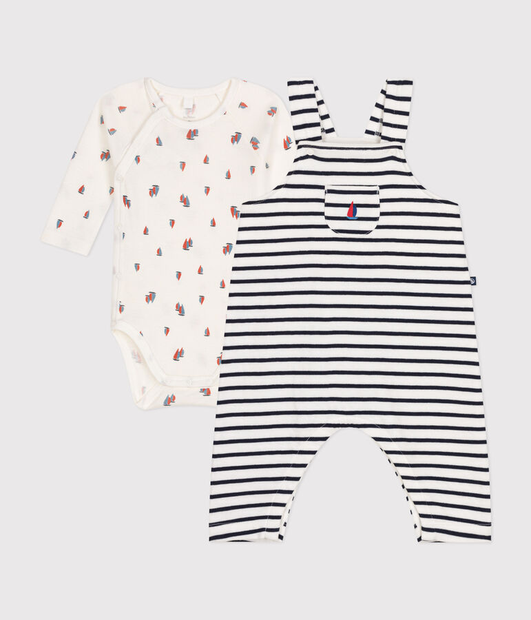 Babies' cotton dungarees and bodysuit set MARSHMALLOW white/SMOKING blue