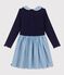 Girls' long-sleeved cotton dress in two materials blue
