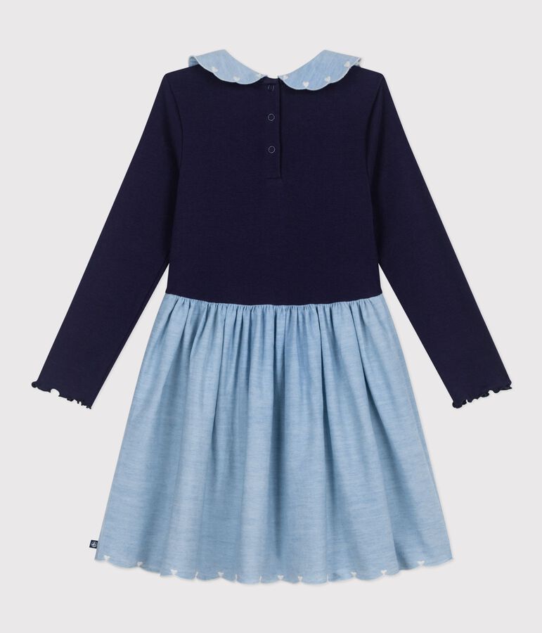 Girls' long-sleeved cotton dress in two materials blue