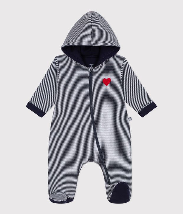 Babies' stripy padded jumpsuit with a hood and feet blue/white