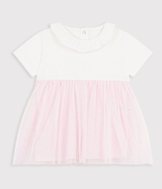 Babies' short-sleeved dress in two materials pink/pink