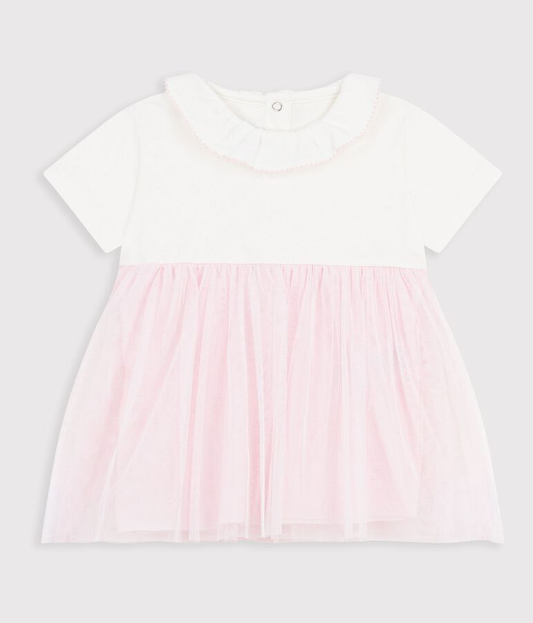 Babies' short-sleeved dress in two materials pink/pink