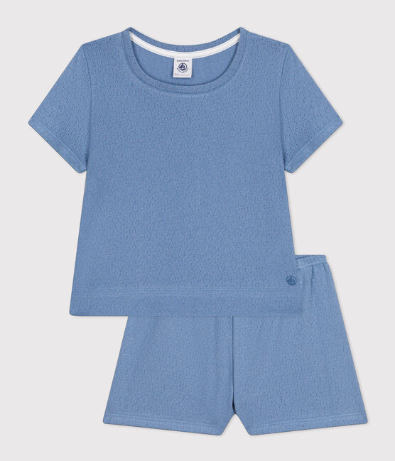 Girls' Plain Openwork Cotton Short Pyjamas BEACH blue