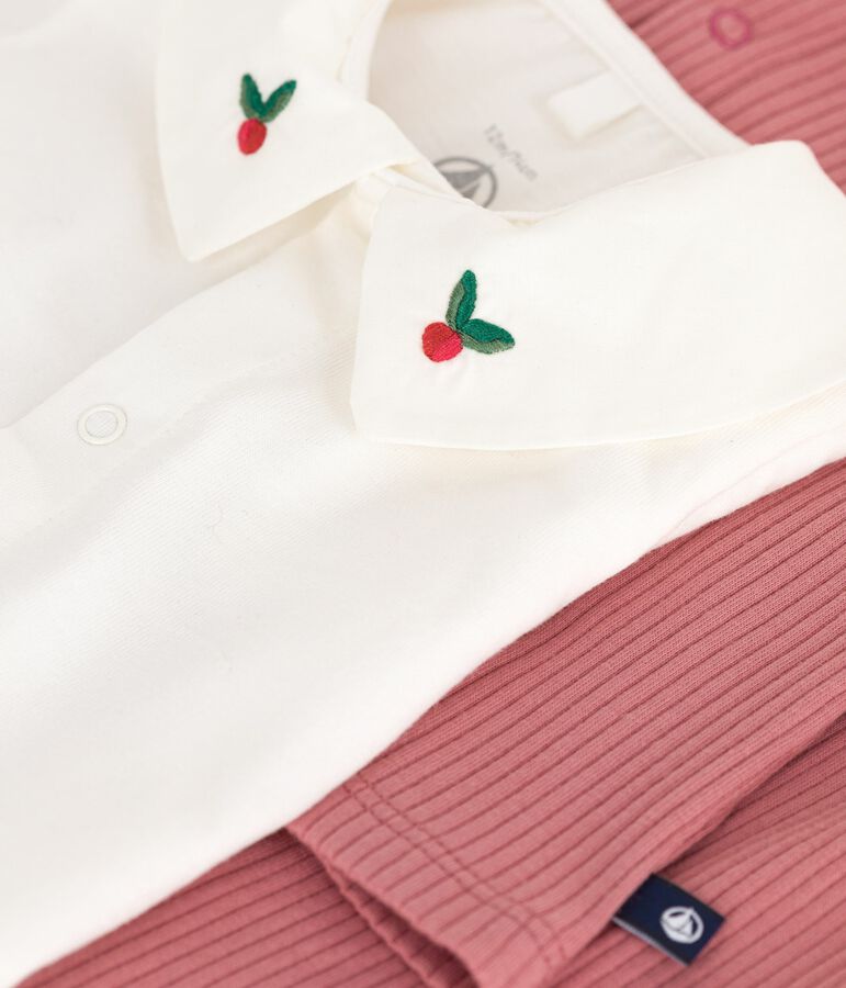 Three-piece newborn set in cotton, and the T-shirt has an embroidered collar pink/multicolor