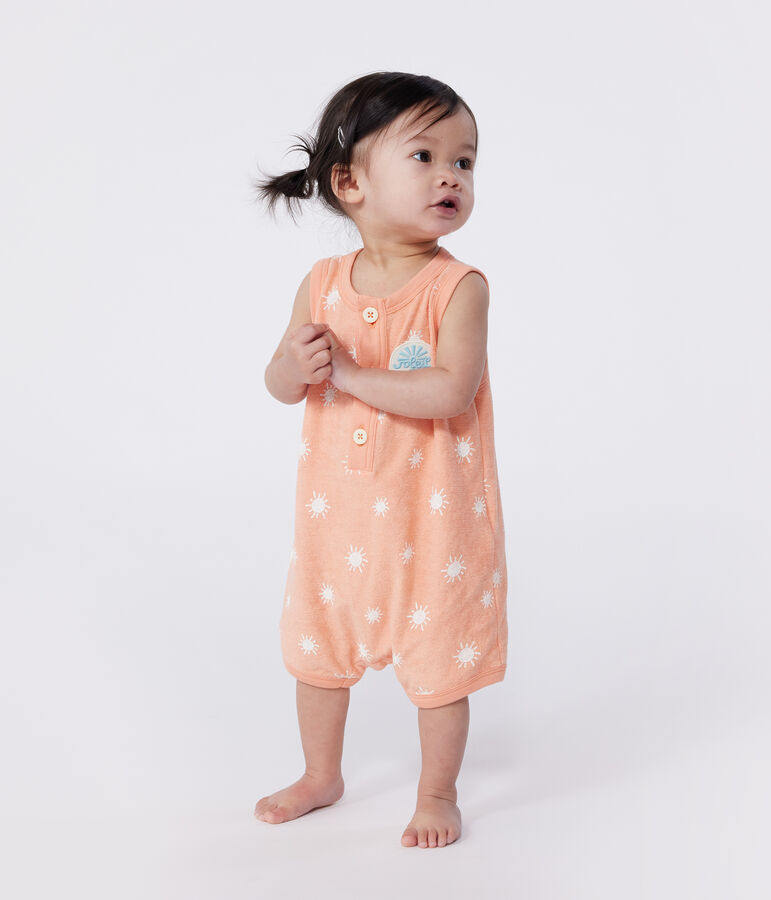 Babies' sleeveless cotton terry playsuit with a sunshine print orange/white