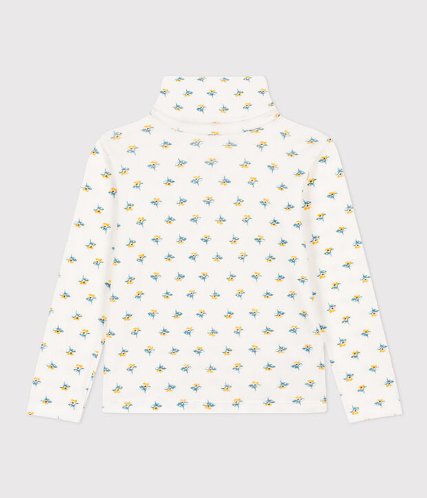 Girls' floral print cotton polo neck white/multicolor