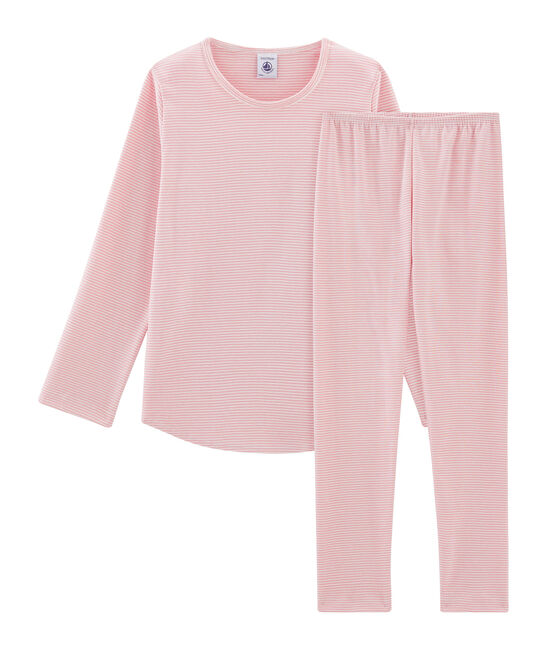 Girls' Ribbed Pyjamas CHARME pink/MARSHMALLOW white