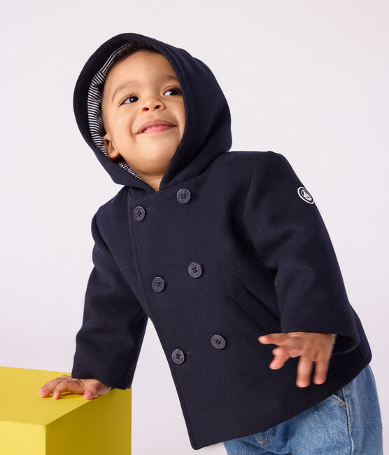 Babies' pea coat in plain woollen broadcloth SMOKING blue