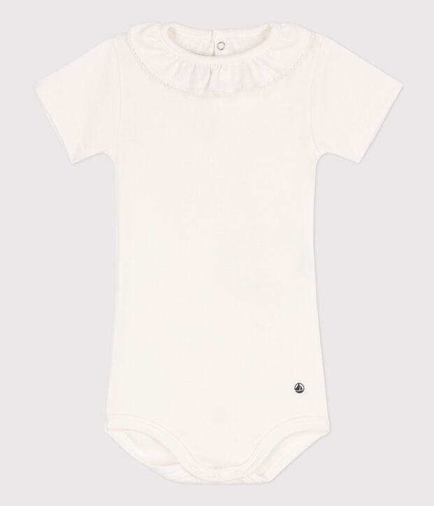 Babies' Short-Sleeved Cotton Bodysuit With Ruffle Collar white