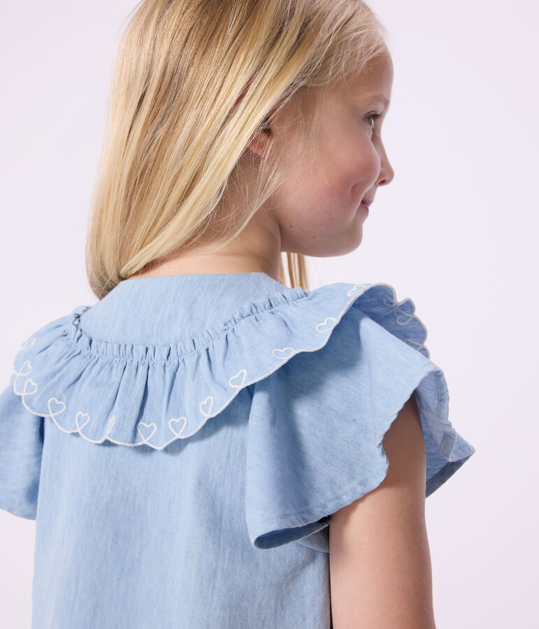 Children's plain short-sleeved cotton blouse BLEU CLAIR blue