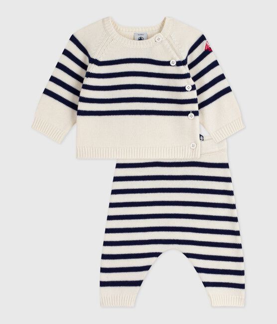 Babies' 2-piece stripy knit Breton top outfit MARSHMALLOW blue/SOIR