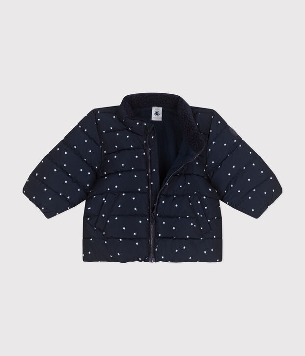 Babies' printed puffer jacket with a retractable hood blue/white