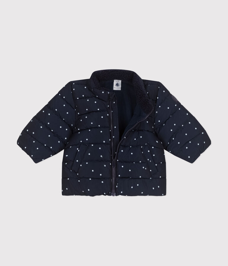 Babies' printed puffer jacket with a retractable hood SMOKING blue/MARSHMALLOW white