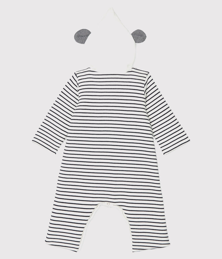 Babies' Long Organic Cotton Stripy Hooded Jumpsuit white/blue
