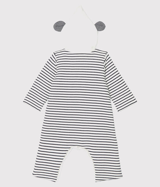 Babies' Long Organic Cotton Stripy Hooded Jumpsuit MARSHMALLOW white/SMOKING blue
