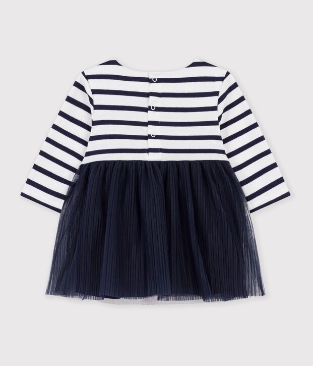 Babies' long-sleeved stripy dress in two materials white/multicolor
