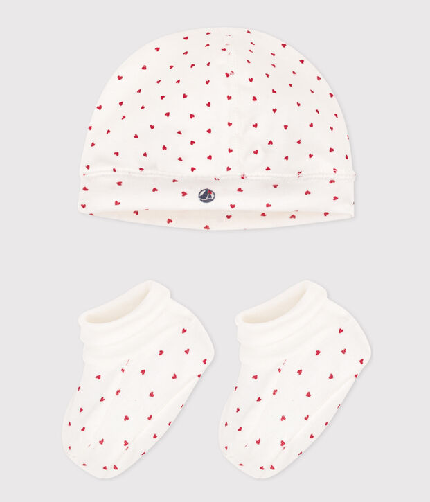 Babies' Heart Patterned Bonnet and Bootees Set multicolor