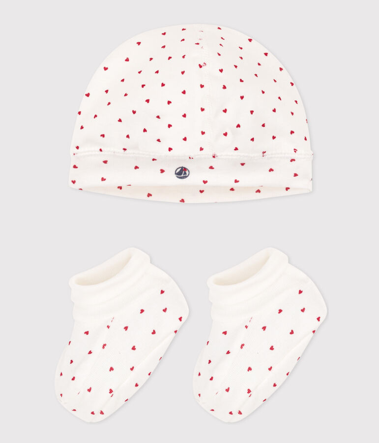 Babies' Heart Patterned Bonnet and Bootees Set multicolor