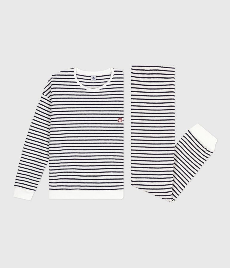 Women's stripy cotton terry pyjamas Ecru/blue