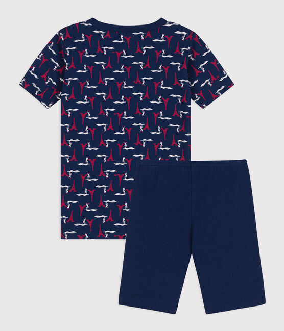 Children's unisex snug-fit cotton cropped pyjamas MEDIEVAL blue/MULTICO white