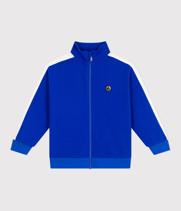 Children's zipped stand-up collar sweatshirt in plain cotton blue