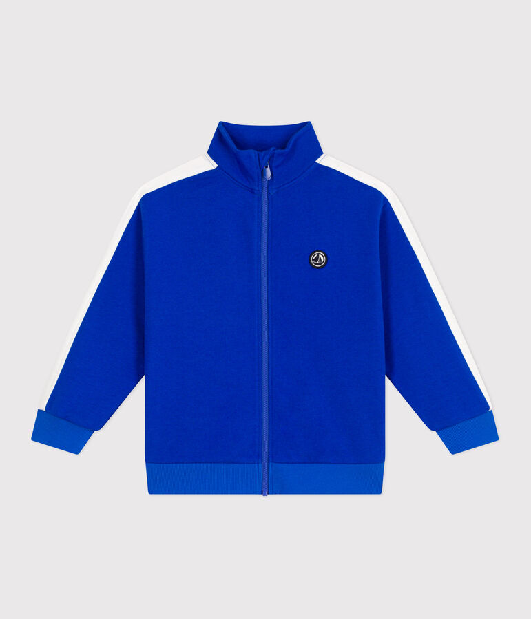 Children's zipped stand-up collar sweatshirt in plain cotton blue