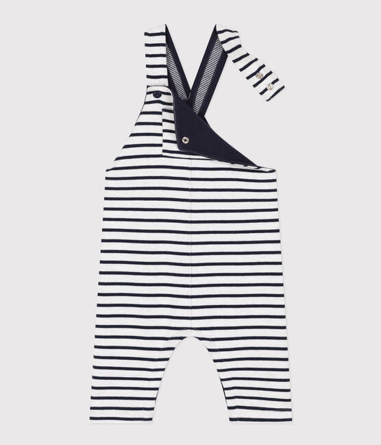 Babies' Thick Stripy Jersey Dungarees MARSHMALLOW white/SMOKING blue