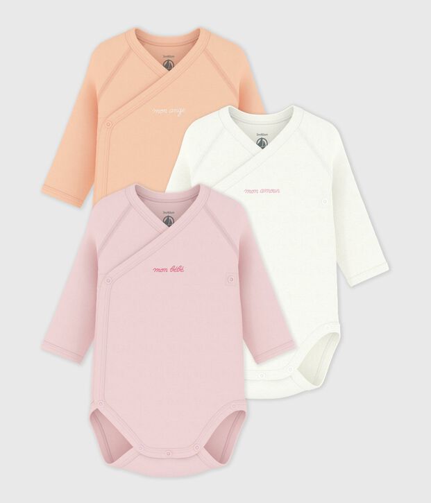 Pack of babies' long-sleeved printed cotton wrapover bodies multicolor