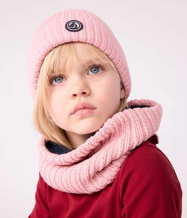 Children's knitted beanie hat lined in polar fleece pink