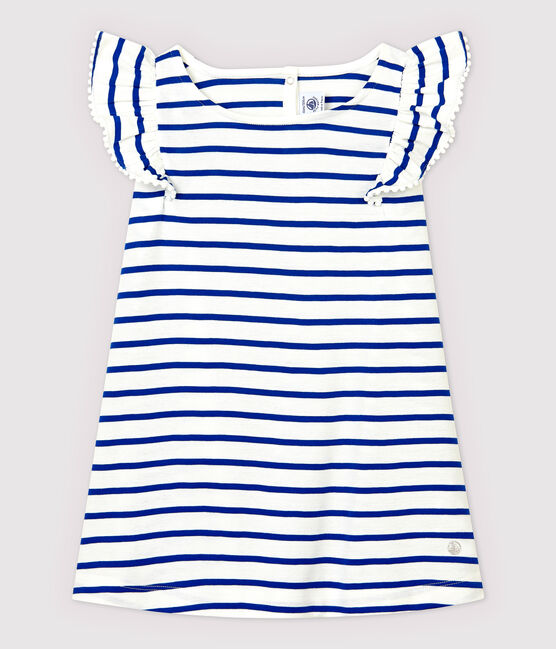 Girls' Short-Sleeved Cotton Dress MARSHMALLOW white/SURF blue