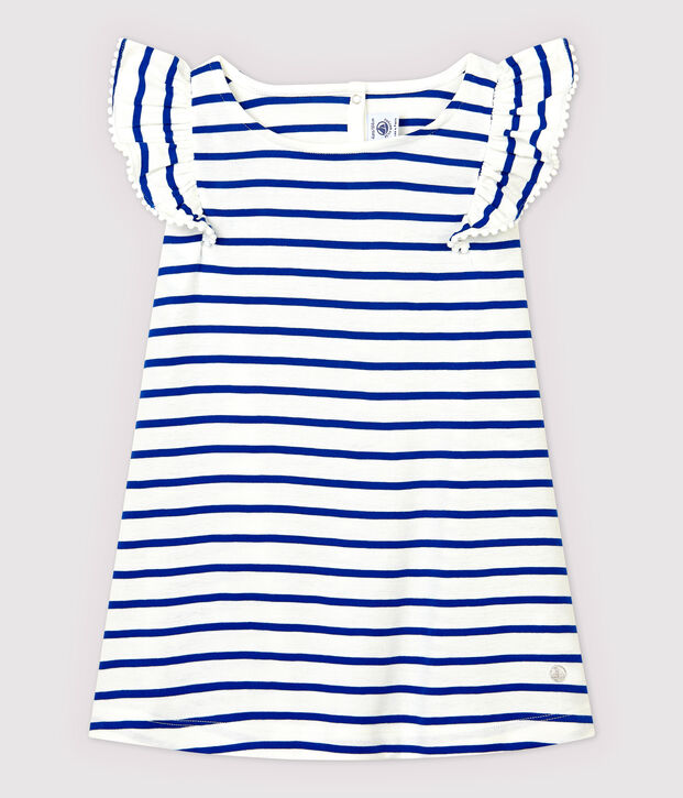 Girls' Short-Sleeved Cotton Dress white/blue