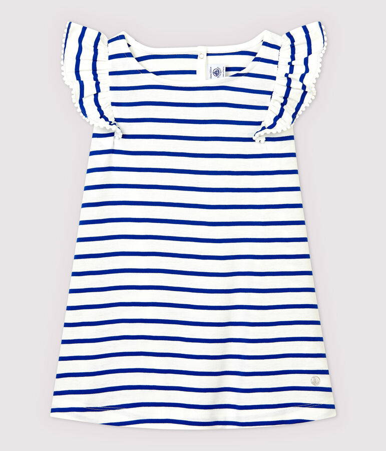 Girls' Short-Sleeved Cotton Dress white/blue