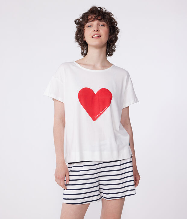 Women's short heart print cotton pyjamas white/blue