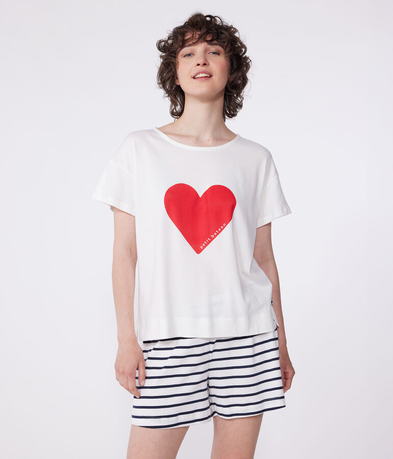 Women's short heart print cotton pyjamas white/blue