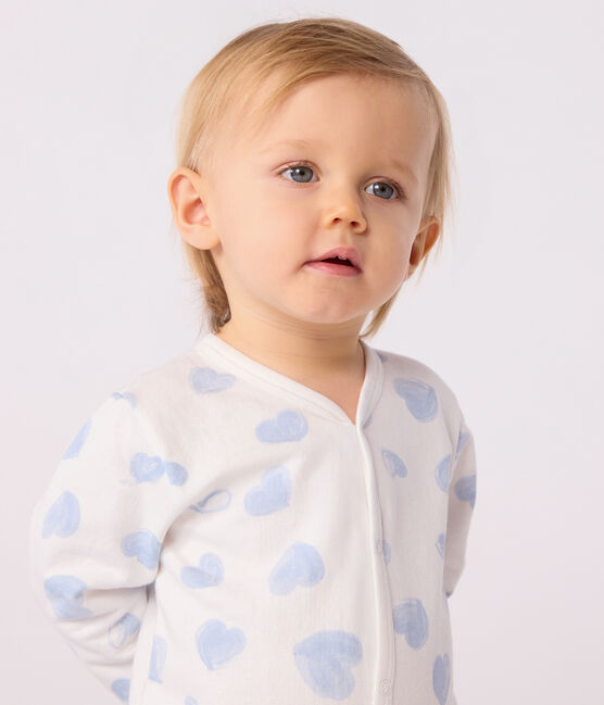 Babies' brushed fleece heart-print pyjamas with a collar MARSHMALLOW /ADRIATIC