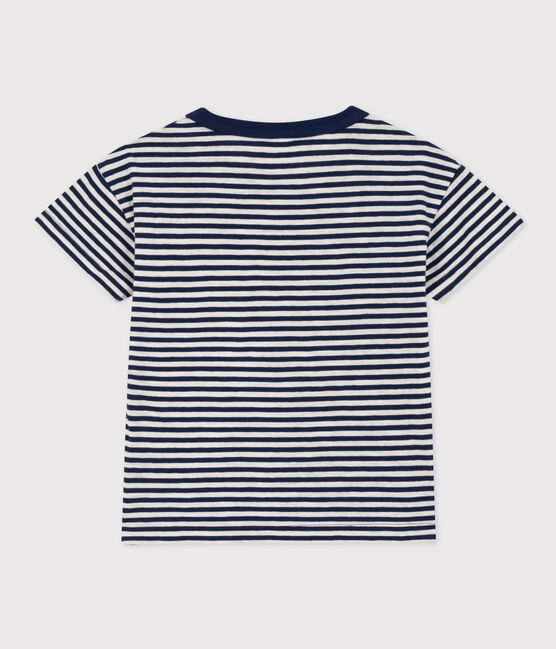 Boys' Striped Cotton T-Shirt MEDIEVAL blue/MARSHMALLOW white