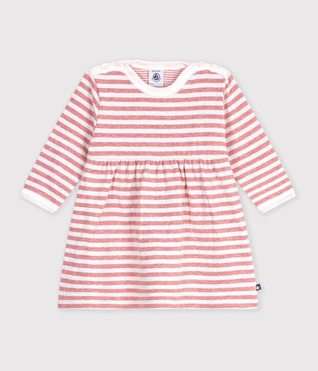 Babies' long-sleeved stripy cotton dress pink/ecru