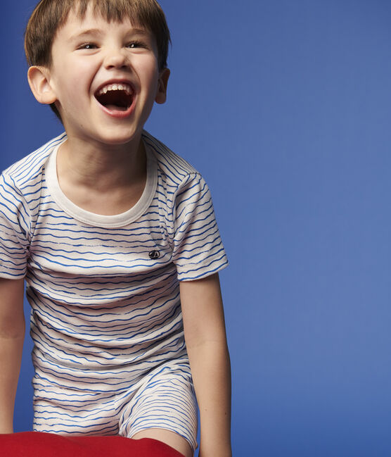 Boys' Snugfit Wave Print Cotton Short Pyjamas MARSHMALLOW white/COOL blue