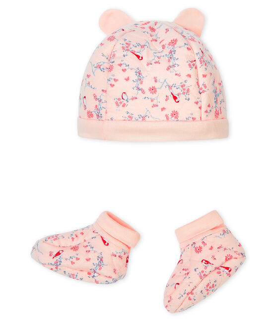 Baby Bonnet and Bootees Set in Tube Knit FLEUR pink/MULTICO white