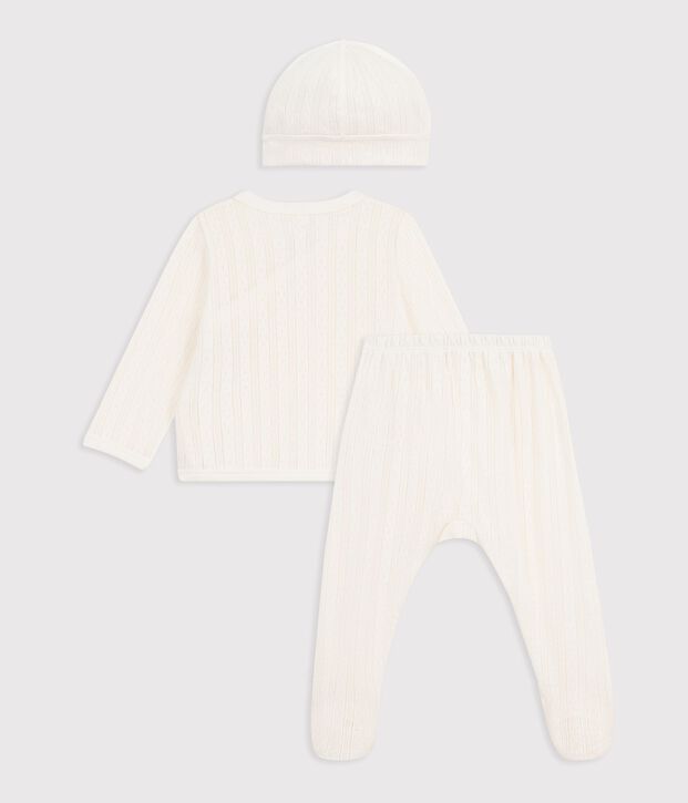 Babies' long 3-piece openwork cotton outfit and hat MILK