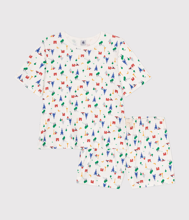 Women's Paris-pattern Cotton Pyjama Shorts and T-shirt white/blue/multicolor