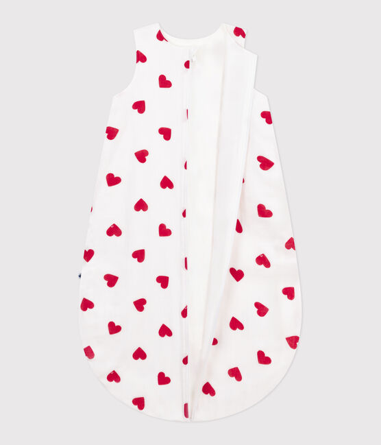 Babies' 1 TOG heart-patterned cotton sleeping bag MARSHMALLOW white/TERKUIT red