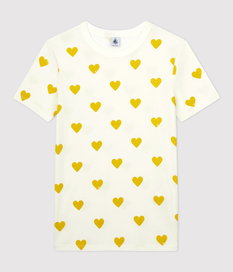 Women's Heart Round-Neck Cotton T-Shirt MARSHMALLOW white/OCRE yellow