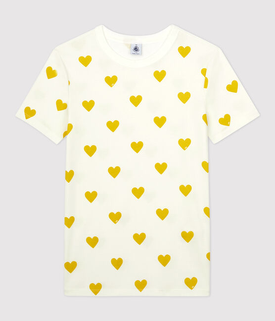 Women's Heart Round-Neck Cotton T-Shirt MARSHMALLOW white/OCRE yellow