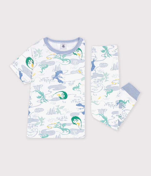 Children's printed cotton pyjamas with short sleeves and long legs white/multicolor