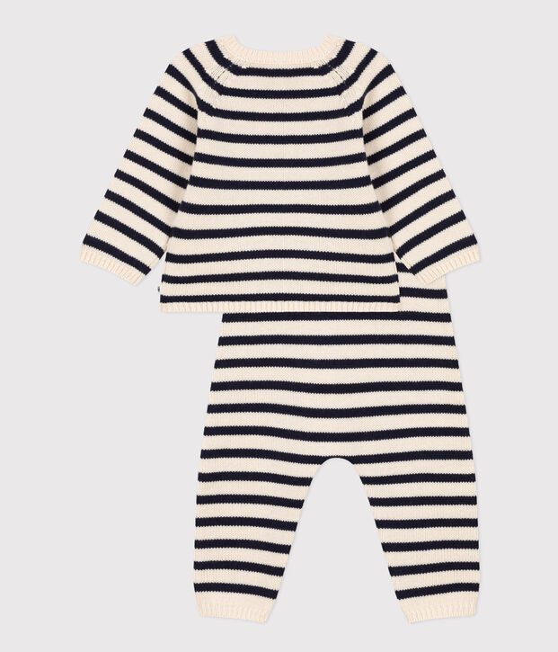 Babies' Wool/Cotton Knit Sailor Striped Clothing - 2-Piece Set Ecru/blue