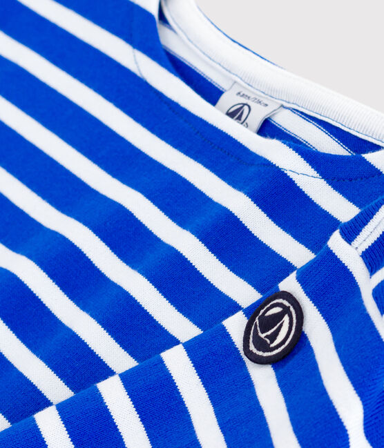 Children's unisex long-sleeved cotton Breton top PERSE blue/MARSHMALLOW white