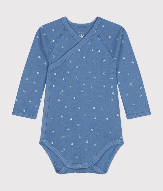 Babies' Long-Sleeved Cotton Wrapover Bodysuit. BEACH blue/MARSHMALLOW