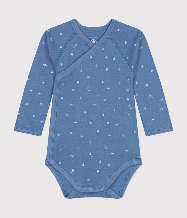 Babies' Long-Sleeved Cotton Wrapover Bodysuit. blue/white